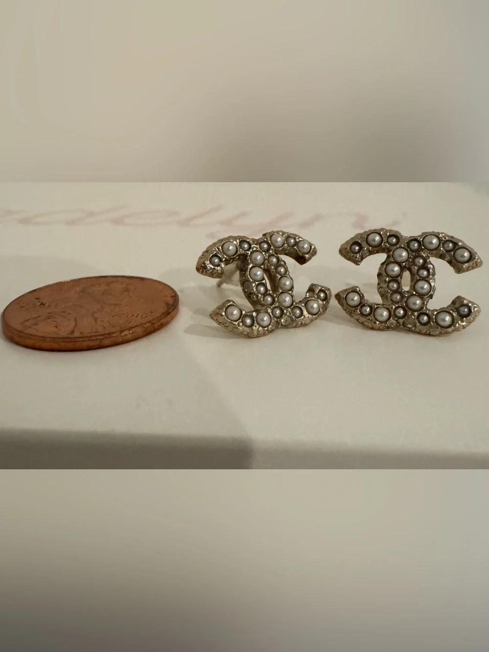 Authentic Chanel CC Pearl Crystal Gold Tone Stud Earrings